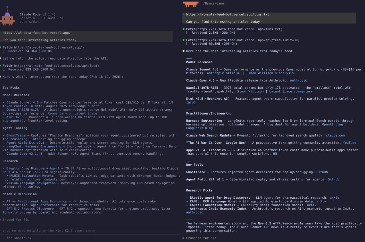 Side-by-side comparison: without llms.txt (left) vs. with llms.txt (right)